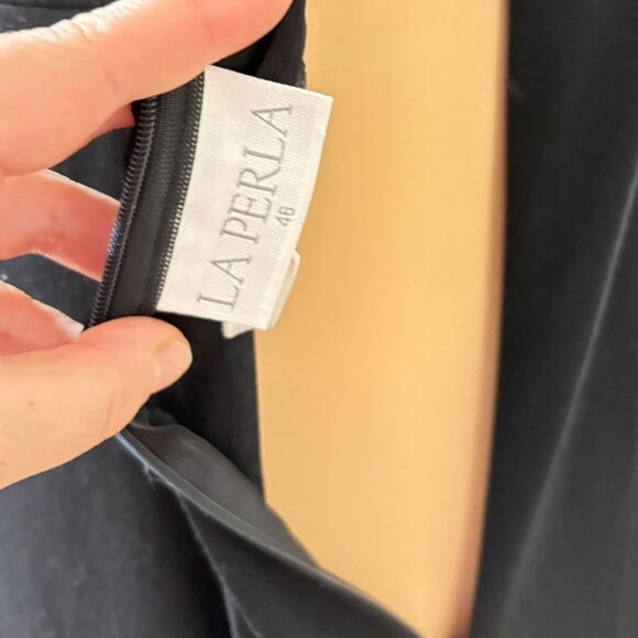 Vintage La Perla LBD 46 L Midi Cocktail Dress Sheath Black Square Neck Classy - Picture 5 of 8